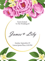 Modern wedding invitation design. Postcard template with flowers and decorative branches of greenery. Vector illustration