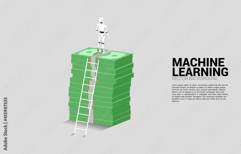 Poster silhouette of robot standing on top of banknote stack with ladder. concept of artificial intelligenc