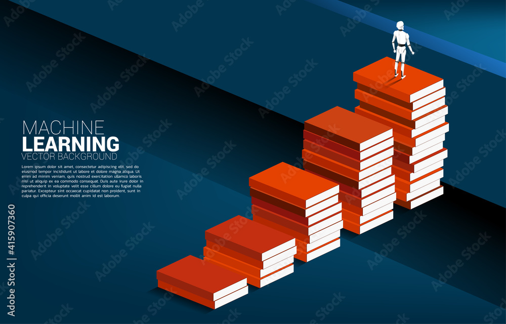 Poster Robot standing on top of stack of book to across the wall. concept of artificial intelligence and machine learning worker technology.