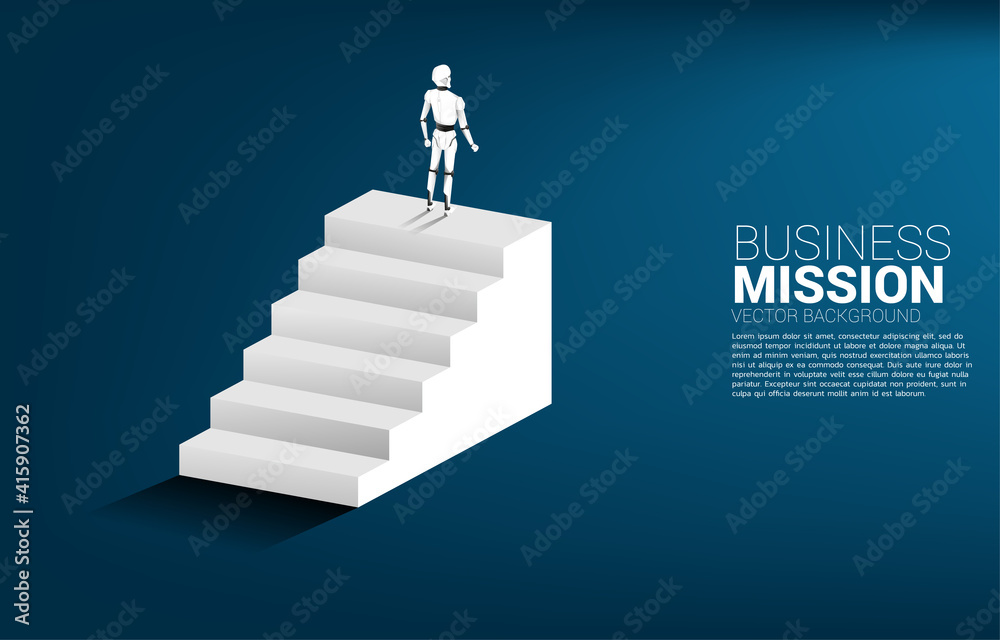 Poster Silhouette of robot standing on top of stair. concept of artificial intelligence and machine learning worker technology