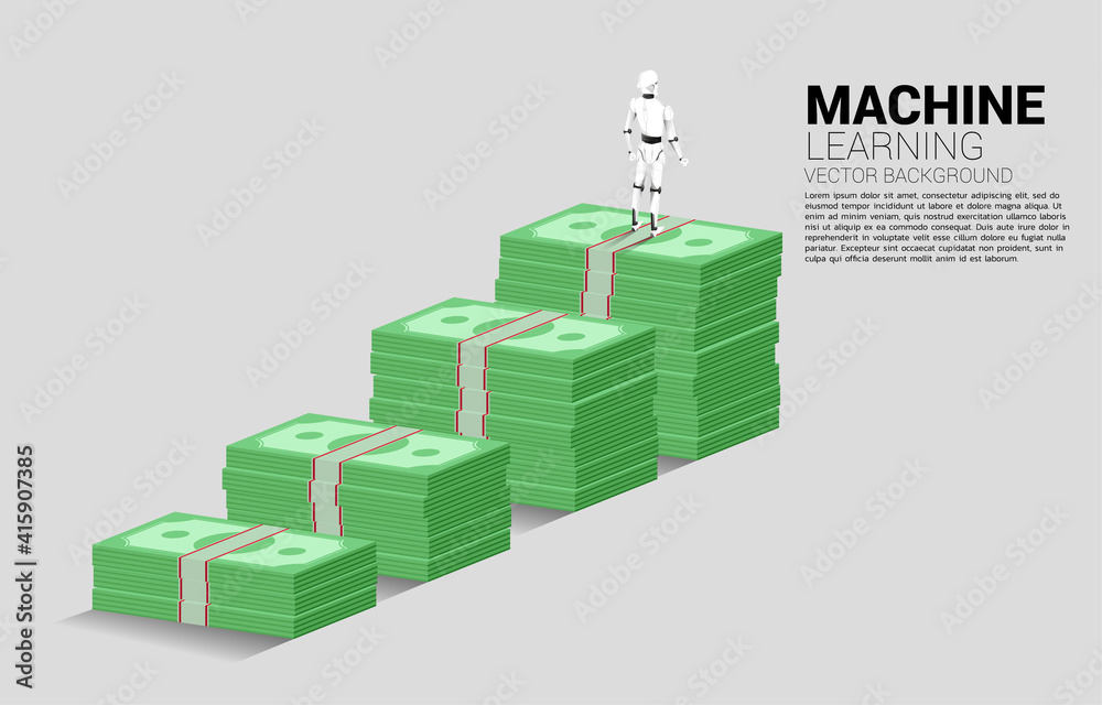 Poster silhouette of robot standing on top of banknote stack. concept of artificial intelligence investment
