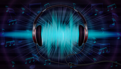 Abstract dark musical background with  notes and headphones. 