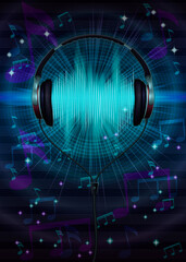 Abstract dark musical background with  notes and headphones. 