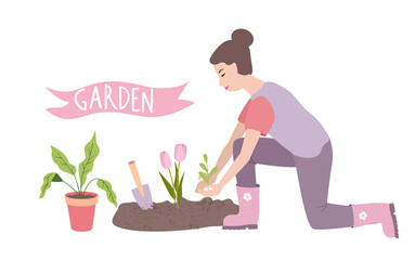 Gardering. Woman planting gardens flowers and plants