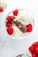 Vanilla Ice Cream Scoops with raspberries and chocolate sticks, easy dessert at home