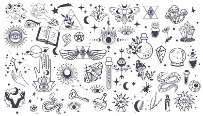 Black witch stuff. Set Witchcraft, magic elements. Collection of Mystical and Astrology objects. Mystical signs,silhouettes, zodiac signs. Vector Hand drawn elements. Astronomy. Line art illustrations - obrazy, fototapety, plakaty