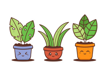 group of cute pot of plant with various different expression