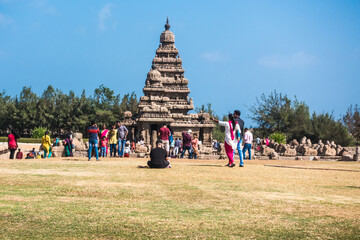 Visitors at Seashore temple in Mahabalipuram