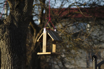 drewniany  karmnik  dla  ptaków  zawieszony  na  drzewie - obrazy, fototapety, plakaty