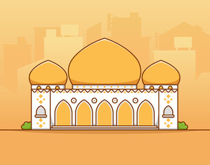 Islamic moslem big grand mosque with gold yellow dome in middle of city silhouette flat vector illustration