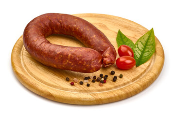 Smoked pork sausage ring, isolated on white background. High resolution image.