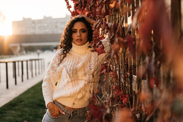 a girl in jeans and a white sweater with curly brown hair stands at the wall of entwined red ivy in the park. High quality photo