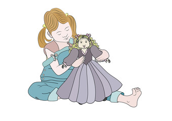 coloring book girl playing with a doll for children