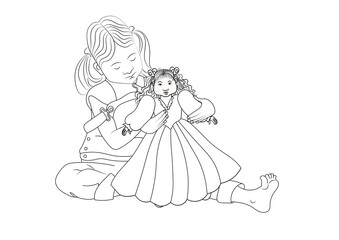 coloring book girl playing with a doll for children