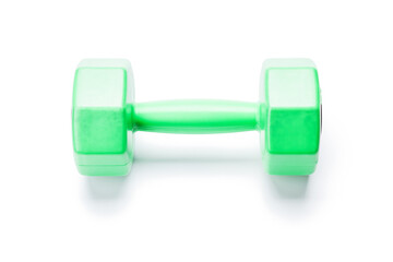 green dumbbell isolated on white background. cut out barbell with fixed weight. gym equipment