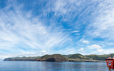 Sao Jorge Island, an island in the in the Atlantic Ocean. Main town Velas on the right, Azores, Portugal.