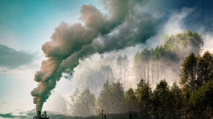 factory smoke covering green forest double exposure global warming climate change - obrazy, fototapety, plakaty