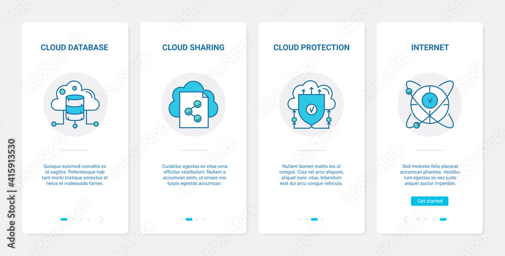 Wall mural Cloud database protection, safety technology vector illustration. UX, UI onboarding mobile app page screen set with line modern safe network software to protect data, internet privacy defense symbols