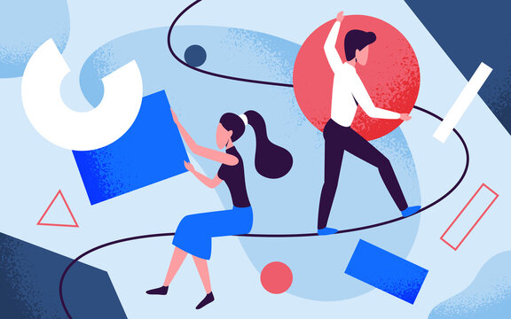 People teamwork organization vector illustration. Cartoon man woman characters team working together, collecting and organizing abstract colorful geometric shape, creative geometry metaphor background