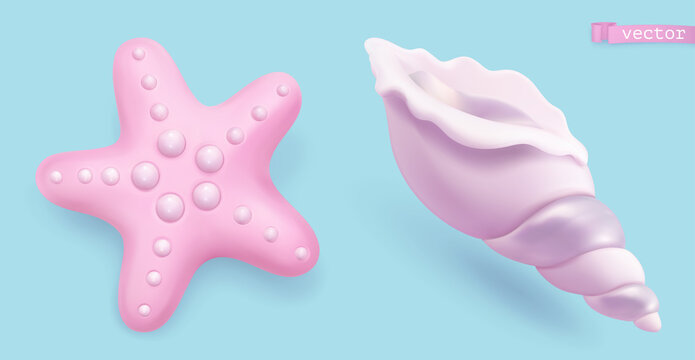 Starfish and seashell. 3d vector realistic icons