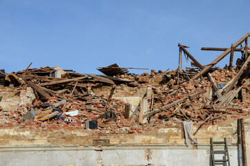 Strong earthquake hit Croatia. Damaged buildings in Petrinja. Ruined buildings damaged by an...