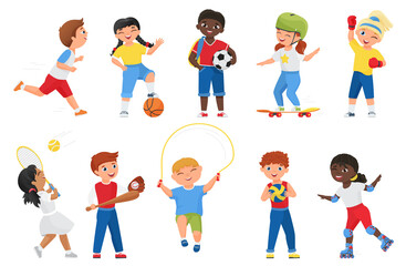 Happy kids do sports exercises vector illustration. Cartoon sportive boy girl child characters run marathon, roller skate or skateboard, jump rope, play soccer tennis baseball games isolated on white