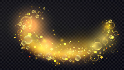 Abstract shiny confetti glittering wave light effect vector illustration. Magic shiny golden wavy glitter swirl line, magic premium sparkles shines on dark transparent background, luxury decoration