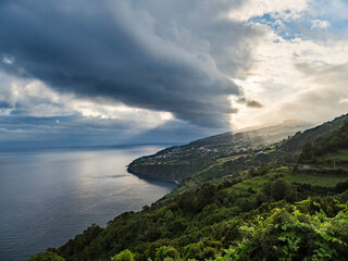 Fototapeta premium Landscape on the southern coast near Ribeira Seca. Sao Jorge Island, Azores, Portugal.