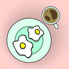 Breakfast with a white cup of coffee and egg on a plate. Vector.