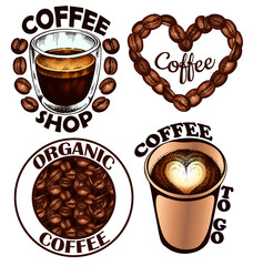 Logo set for coffee shop, organic coffee beans, coffee to go isolated on white background. Heart shape, sketch hand drawn cup, mug, drinks, engraving espresso, retro cafe label. Vector illustration.