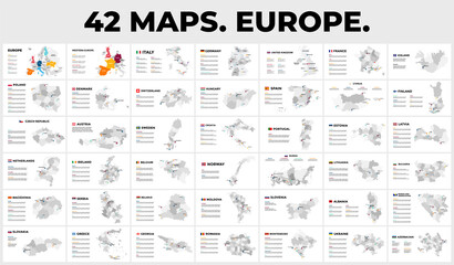 Fototapeta na wymiar 42 Europe Map Infographic Templates for your Presentation. Slide presentation pack. Vector countries. Info graphic travel data.