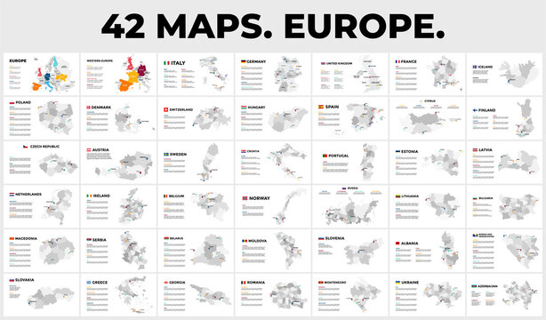 42 Europe Map Infographic Templates for your Presentation. Slide presentation pack. Vector countries. Info graphic travel data.
