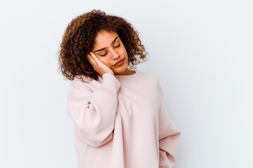 Young african american woman isolated on white background who is bored, fatigued and need a relax day.