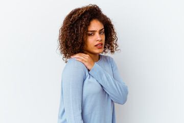 Young african american woman isolated on white background having a shoulder pain.