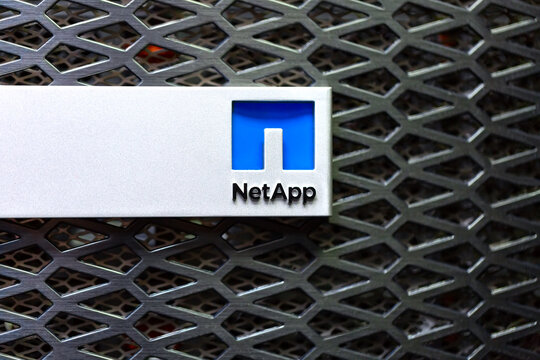 Moscow, Russia - February, 2021: Netapp logo on a storage rack in Datacenter. NetApp, Inc. is an American hybrid cloud data services and data management company headquartered in Sunnyvale, California