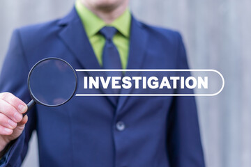 Concept of investigation. Investigator hold magnifying glass and search internet bar with investigation word. Detective, Discovery, Investigating Information.