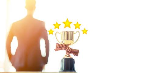Business man Success and trophy.five stars, reward, Winner ceo vision, Recognition employee review. Winner award First place competition stars. Success reward. Business Success reviews from customer.