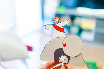 Easter, He is risen, Paper art craft idea in Easter day at home.Sunday school kid at home online activity for kids make tomb of jesus, Rock, and Empty tomb.Jesus he is risen.Salvation miracle.Easter.