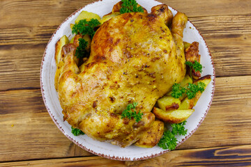 Baked whole chicken with potato on a wooden table. Top view