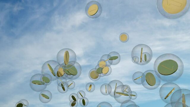 Flying and bursting soap bubbles with gold coins inside against blue sky. Economic speculative bubble concept. 3d render