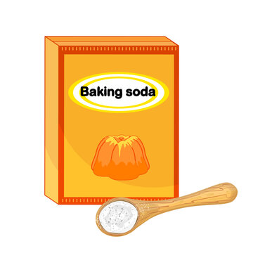 Baking soda in a craft paper bag and spoon isolated on white background. Spoon with white powder. Pile of sodium bicarbonate in bowl. Natural way of cleaning house. Stock vector illustration