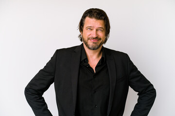 Middle age business dutch man isolated on white background confident keeping hands on hips.