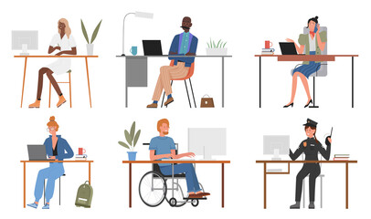 People work vector illustration set. Cartoon man woman characters of different professions sitting at table and working at computer or laptop, professional office worker at workplace isolated on white