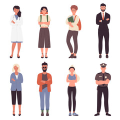 People crossed arms vector illustration set. Cartoon young man woman characters of different profession standing, businessman policeman doctor student athlete crossing hands on chest isolated on white