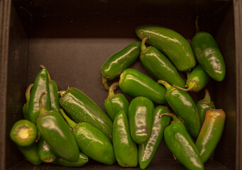 Green Jalapeno peppers in a wooden container at organic farmers market store