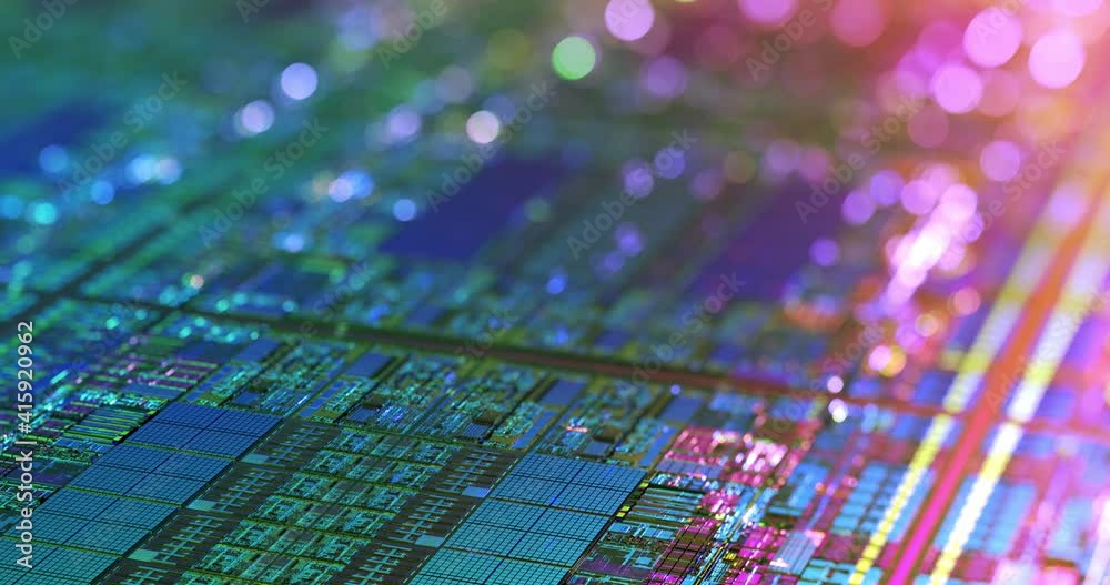 Poster cpu circuitry die shot technology background. colorful data processing on silicon. abstract data tra