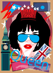 Queen with crown, sunglasses and British flag. Pop art vector background