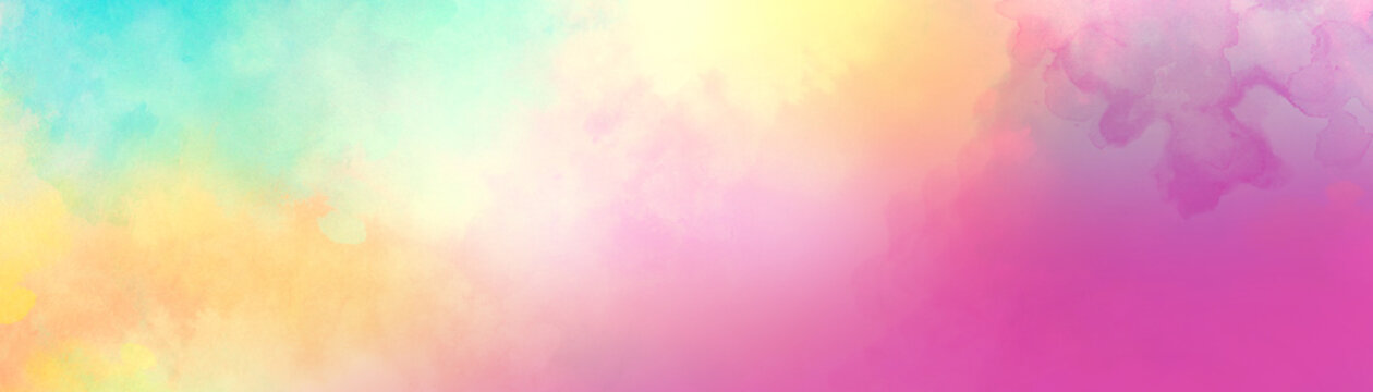 Colorful watercolor background of abstract sunset sky with puffy clouds in bright rainbow colors of pink blue yellow orange and purple © Arlenta Apostrophe