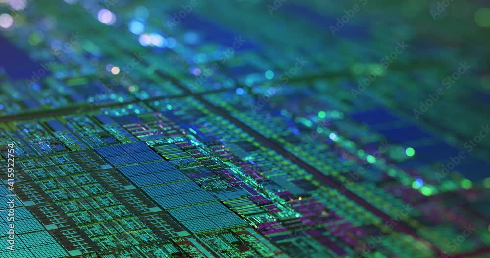 Poster cpu circuitry die shot technology background. colorful data processing on silicon. abstract data tra