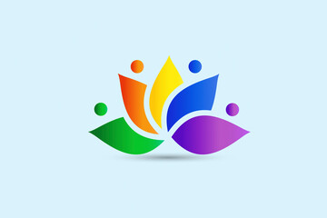 Lotus flower teamwork people colorful icon logo vector image graphic illustration rainbow color gardening care concept banner background template